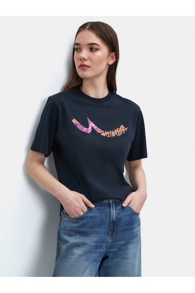 Color Block Printed Relaxed Navy Blue T-Shirt