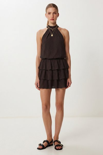 Halter Neck Layered Mini Crinkle Knit Dress Lfw0022 Brown