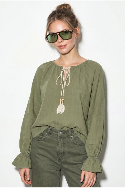 Women's Green Tie Collar Flounce Sleeve Detailed Muslin Crinkle Textured Blouse 4762 60286275