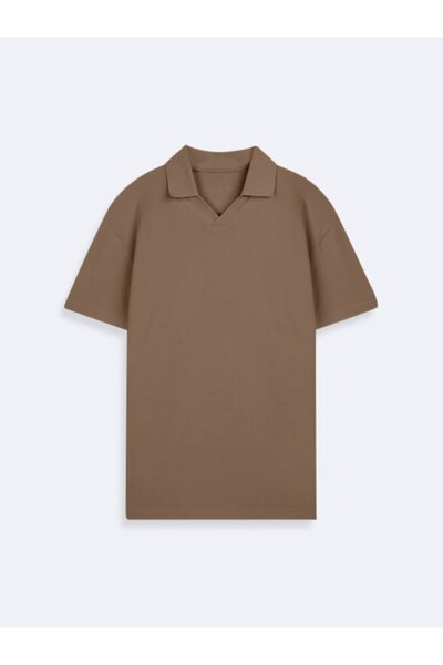 V-Neck Pique Polo Collar Brown T-Shirt