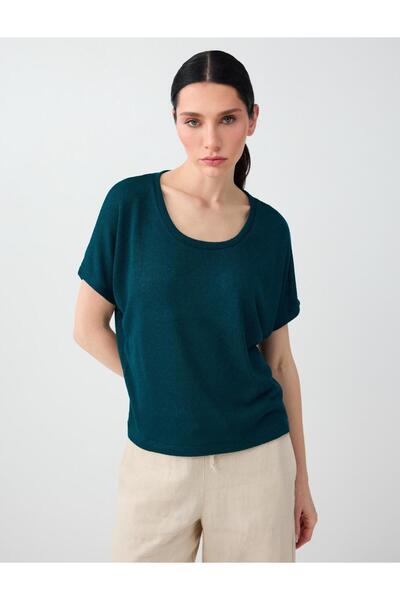 Dark Green U-Neck Short Sleeve Straight Cut Knitted Blouse