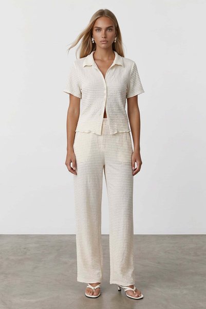 Ecru Button Detailed Gofre Blouse and Trousers Set Alc-X15530