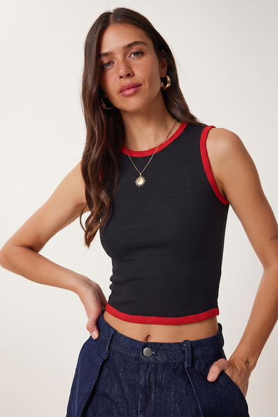 Contrast Piping Cotton Blouse Lcr0126 Dark Blue