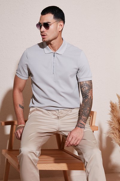 Cotton Regular Fit Zippered Polo Collar t Shirt Men's Polo Collar t Shirt 5902915