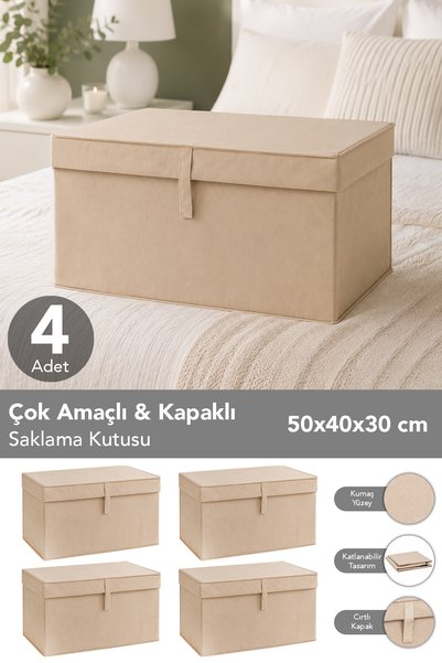 Set of 4 Maxi Size Storage Boxes - Multi-Purpose Organizer Storage Box with Lid 50X40X30Cm Beige