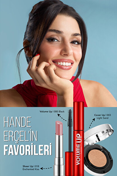 Омилените производи на Hande Erçel: Sheer Up кармин, Volume Up маскара, Cover Up Cushion сет за шминка