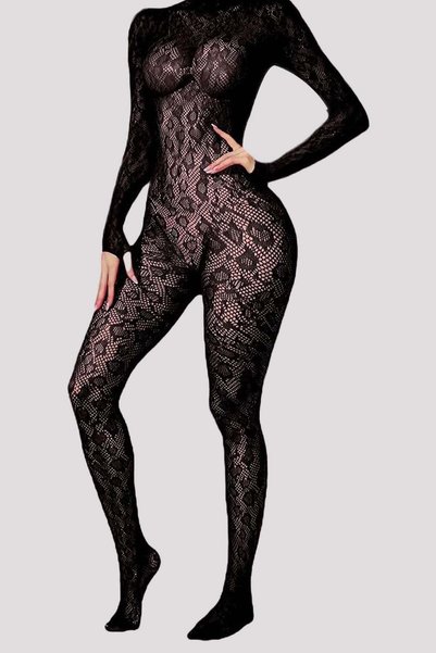 Black Lace Patterned Backless Fancy Body Stockings