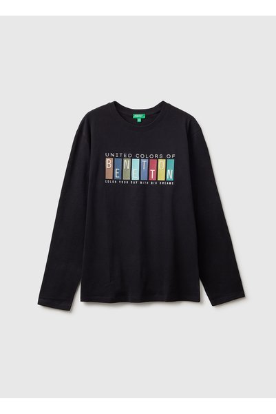 Boy's Black Long Sleeve T-Shirt with Embroidered Front