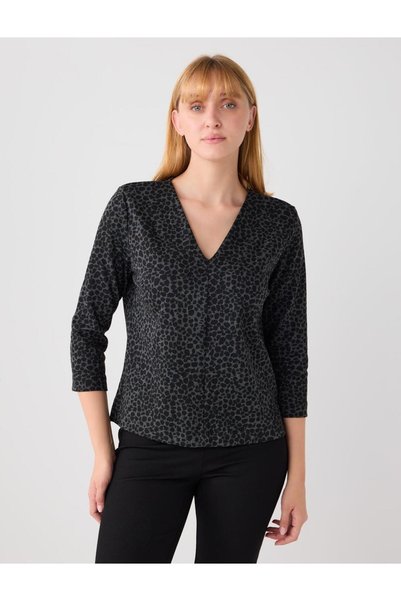 Black V-Neck Leopard Patterned Shoulder Pad Pack Long Sleeve Blouse