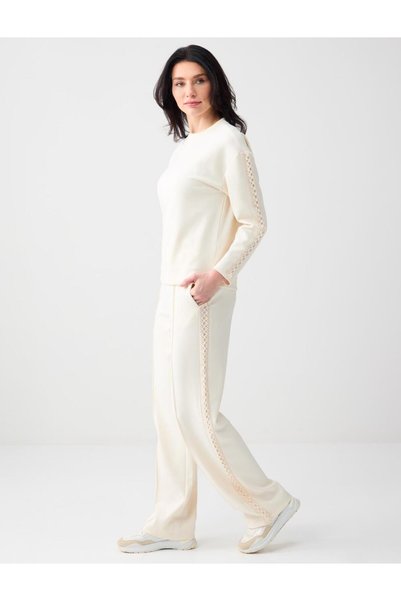 Ecru Regular Waist Regular Leg Long Knitted Jogger Pants