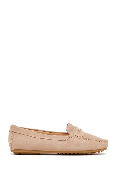 Women's Beige Suede Leather Loafer 26Pfd291210