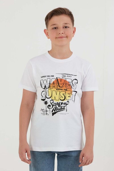 100% Cotton Waves Sunset Printed Boys' T-Shirt