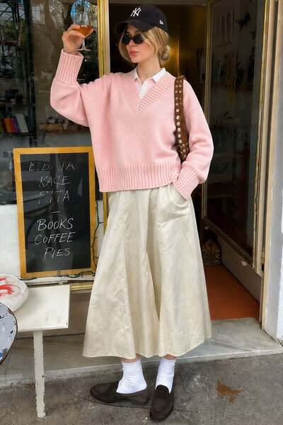 Pink V-Neck Oversize Women's Knitwear Sweater Mg2149
