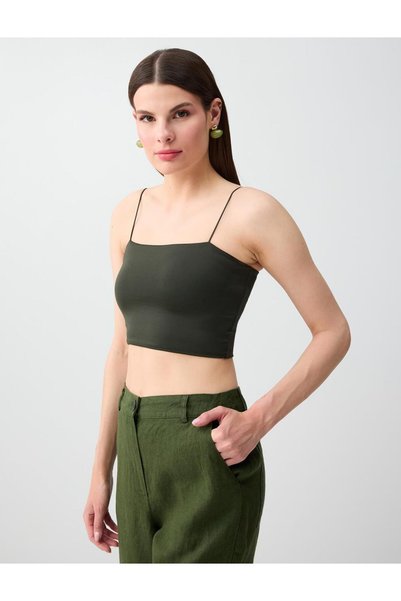 Khaki Slim Fit Open Neck Short Knitted Bralette