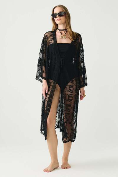 Lace Detail Front Tie Long Beach Dress Black