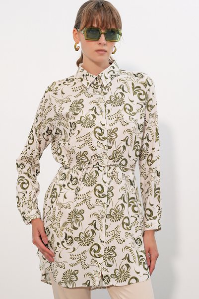 Women's Patterned Long Shirt Tunic 5997 - Khaki