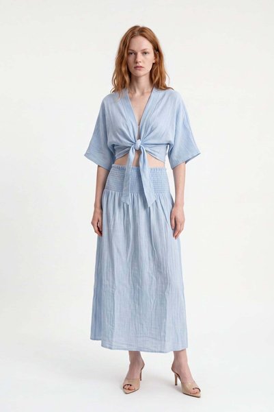 Women's Elastic Waist Long Skirt and Tie-Up Blouse Set