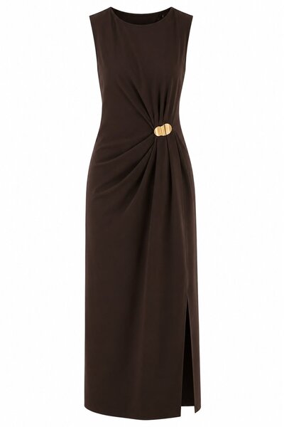 Acı Kahve Beli Gold Buckle Long Dress - 2Y8191