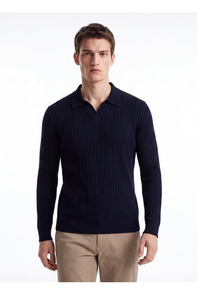 Navy Blue Men's Slim Fit Ribbed Sweater F6Wm-Kzk 2033