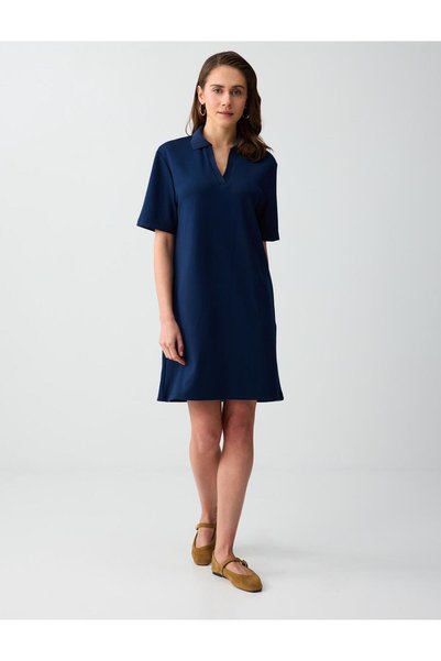 Navy Blue Polo Collar Short Sleeve Modal Knitted Mini Dress