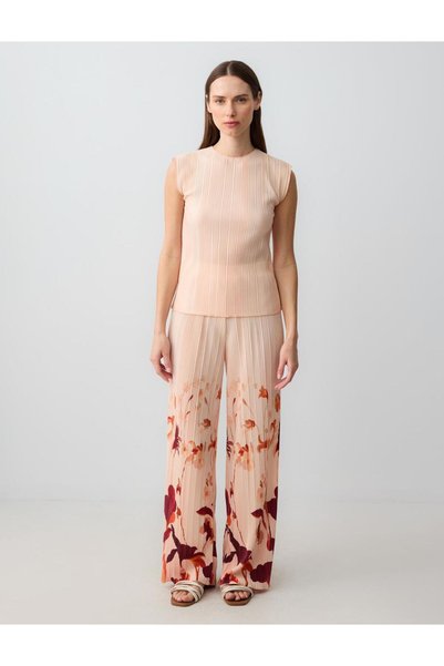 Salmon Pink Relaxed Cut High Waist Loose Wide Leg Floral Patterned Knitted Trousers