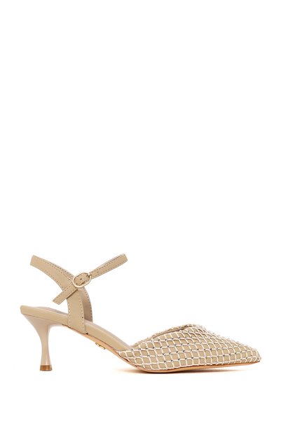 Women's Beige Ankle Buckle Open Back Stone Detailed Thin Heeled Shoes 26Pfe496714