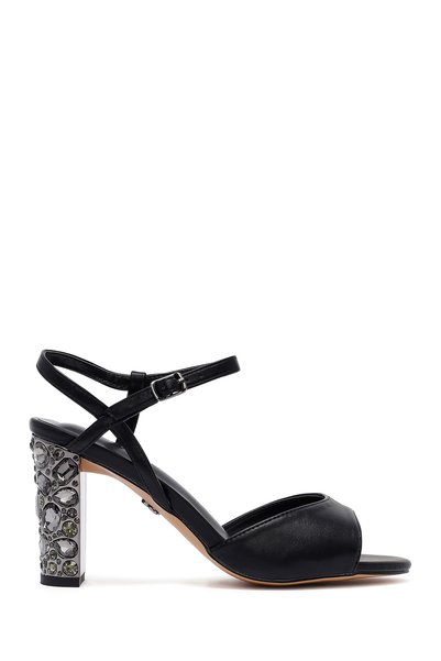 Women's Black Ankle Buckle Metallic Thick Heeled Sandals 25Sfe466932