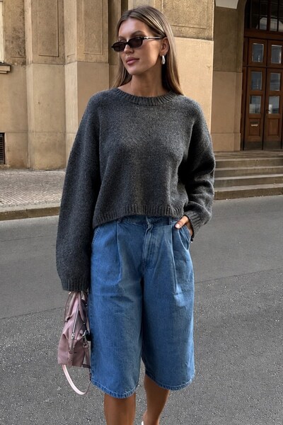 Anthracite Crew Neck Crop Women's Sweater Mg2166