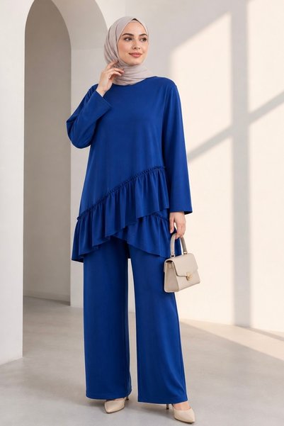 Navy Blue Skirt, Ruffled Tunic and Trousers Modal Set