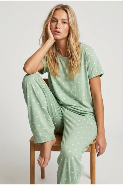 Mint Green White Heart Dots Pattern Cotton Knitted Pajamas Set 8025