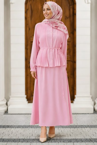 Pink Hakim Collar Ribbed Modal Woven Skirt Suit
