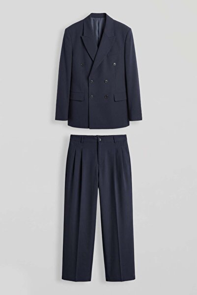 Машки модерен костум, Oversize, со двојно закопчување, темно син