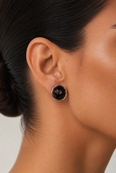 Nova Women's Yellow Color Steel Stud Earrings Navy Blue Patterned Round