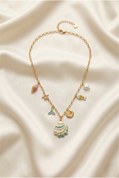 Gold Color Steel Necklace with Blue Enamel Sea Shell and Fish Figures