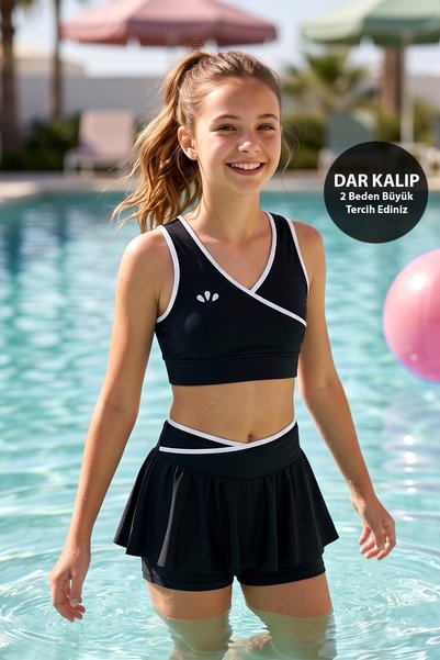 Girls' Swimsuit with Piping Detail, Zero Sleeve Top, Shorts and Skirt 26607 Black