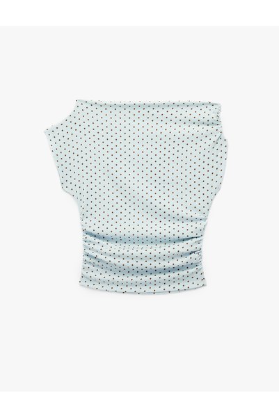 Bürümcük Fabric Asymmetric Collar Short Sleeve Draped Slim Fit Polka Dot Blouse