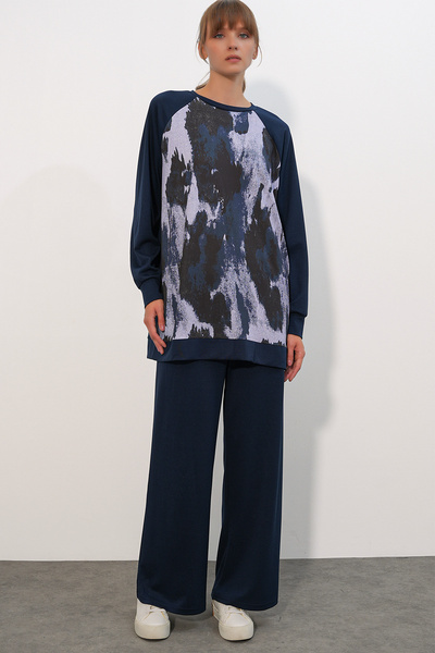 Women's Patterned Oversize Tunic Trousers Double Set 55462 - Navy Blue