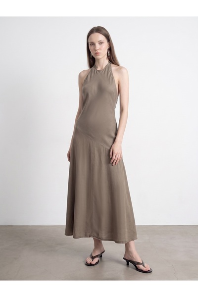90591 100% Lyocell Halter Neck Dress-Brown