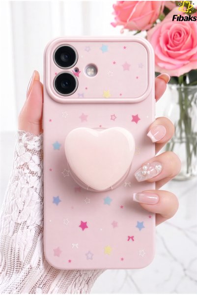 iPhone 16 Case Pink Heart Pop Socket 3D Heart Detailed Star Pattern Camera Protected Phone Case