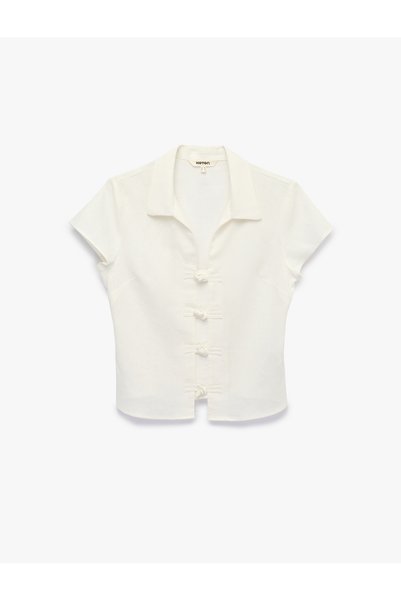 Shirt Collar Short Sleeve Viscose Linen Blend Blouse with Napoleon Closure Detail