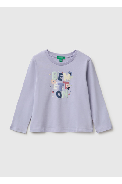 Girl's Lilac Front Printed Long Sleeve T-Shirt