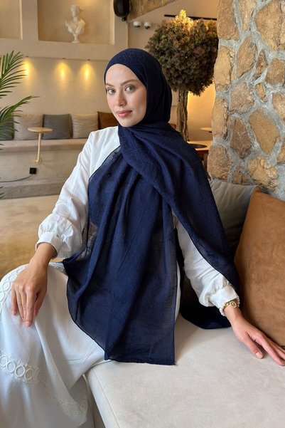 Diamond Pattern Aura Cotton Jacquard Shawl Navy Blue