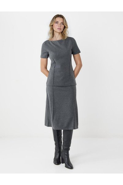 Anthracite Melange High Waist Soft Textured Midi Knitted Skirt