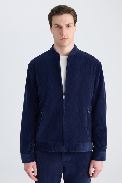 Ds Damat Regular Fit Navy Blue Ribbed Jacket