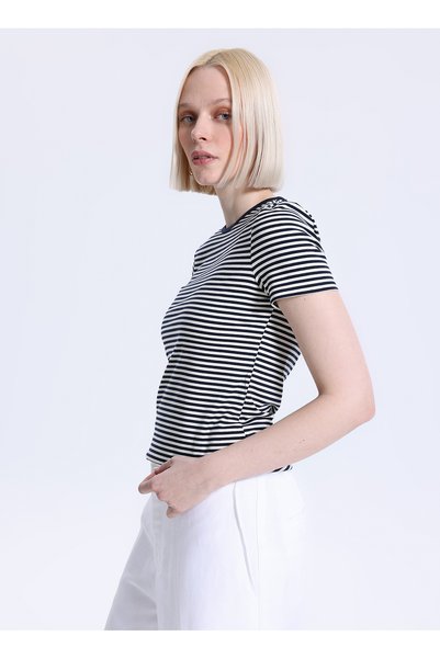 Navy Blue - White Round Neck Women's Standard Fit Striped T-Shirt 200P03721