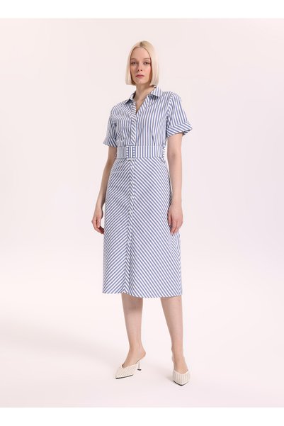 Blue Women's A-Form Fit Dress with Collar F6Sl-Elb0365