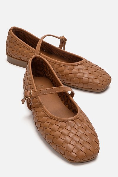 Yevora Tan Knitted Genuine Leather Strap Women's Ballerina Shoes