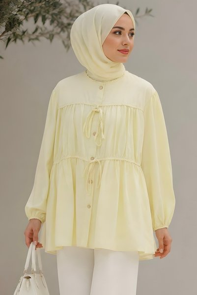 Yellow Front Tie Gathered Shirt