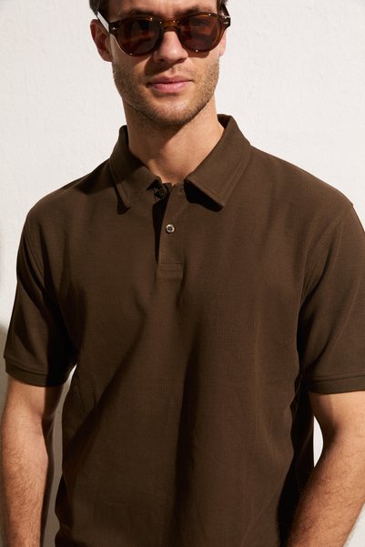 Minnutu Men's Organic Cotton Polo Collar Regular Fit Brown T-Shirt