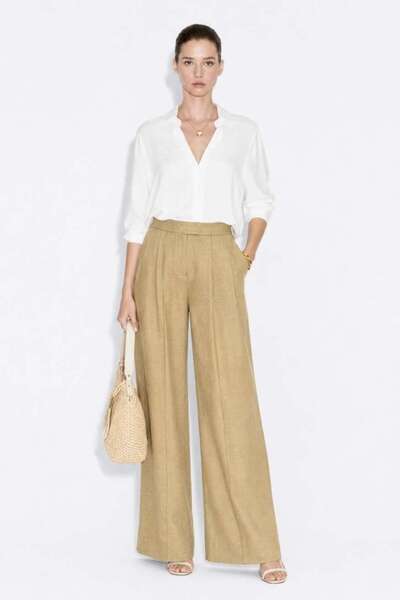 Linen Textured Hidden Button Wide Leg Beige Trousers
